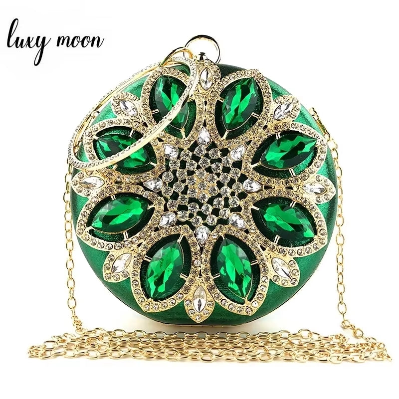 Chic Green Round Clutch Bag for Women - Exquisite Crystal Evening Purse & Chain Shoulder Handbag ZD1244