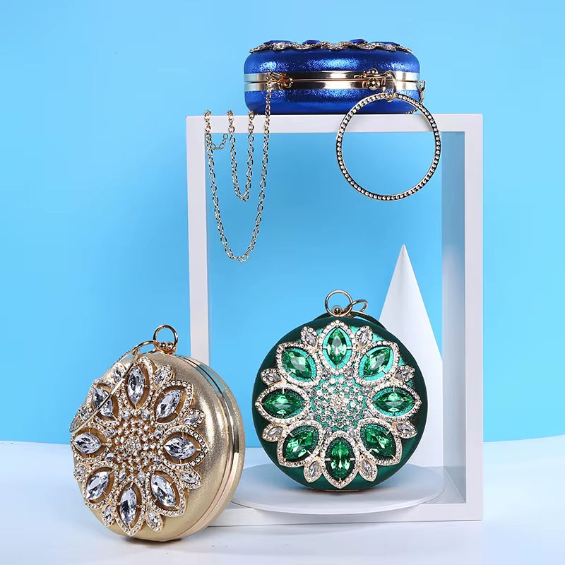 Chic Green Round Clutch Bag for Women - Exquisite Crystal Evening Purse & Chain Shoulder Handbag ZD1244