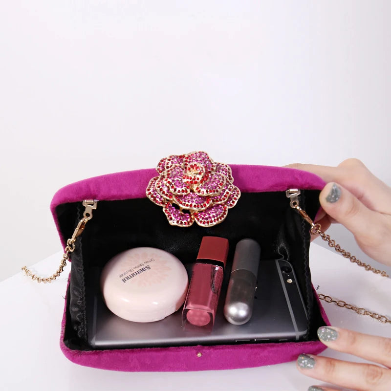Luxury Velvet Clutch Bag for Women - Elegant Evening Purse with Diamond Flower Lock for Weddings and Special Occasions - ZD1905
