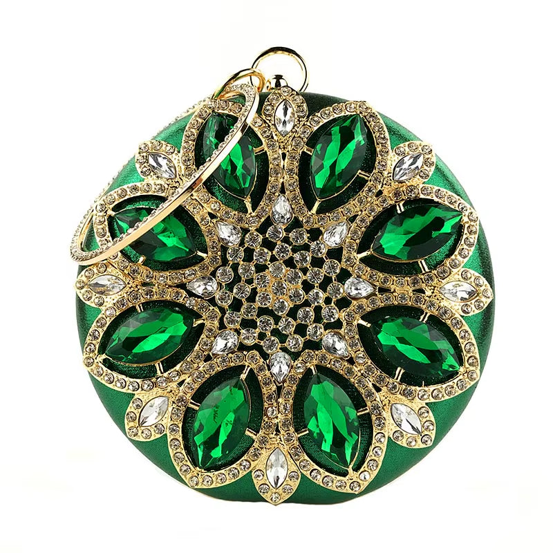 Chic Green Round Clutch Bag for Women - Exquisite Crystal Evening Purse & Chain Shoulder Handbag ZD1244