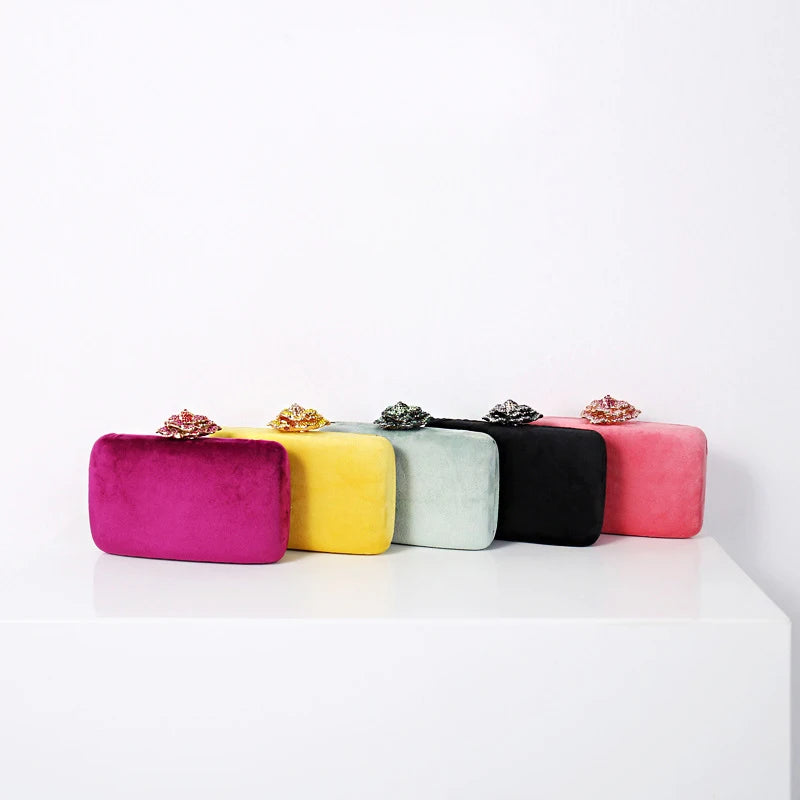 Luxury Velvet Clutch Bag for Women - Elegant Evening Purse with Diamond Flower Lock for Weddings and Special Occasions - ZD1905