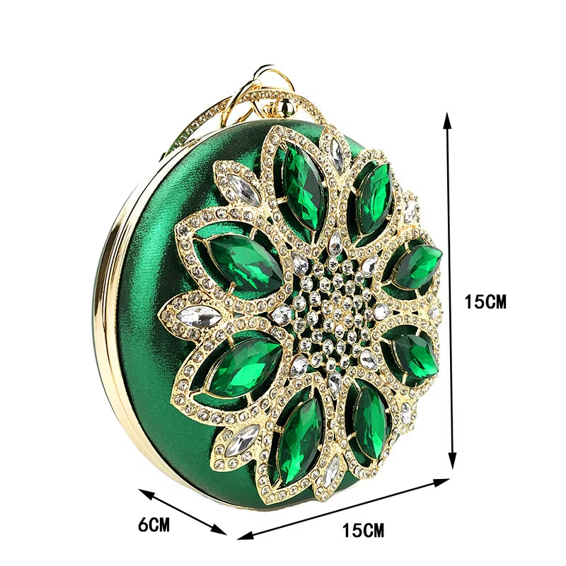Chic Green Round Clutch Bag for Women - Exquisite Crystal Evening Purse & Chain Shoulder Handbag ZD1244