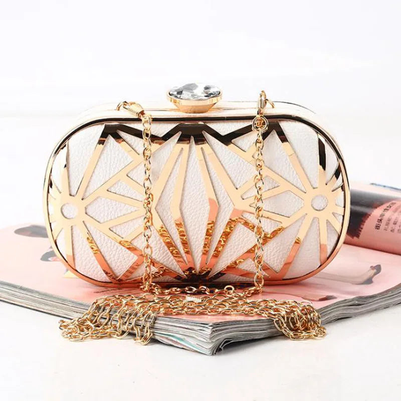 Elegant Gold Metal Hollow Design Clutch Bag - PU Leather Party Purse for Weddings and Banquets