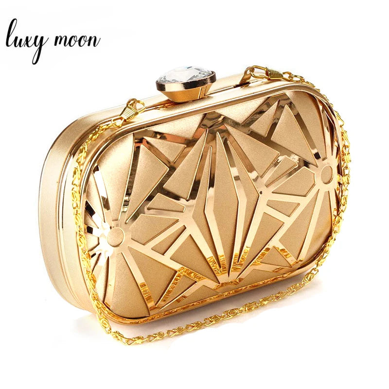 Elegant Gold Metal Hollow Design Clutch Bag - PU Leather Party Purse for Weddings and Banquets