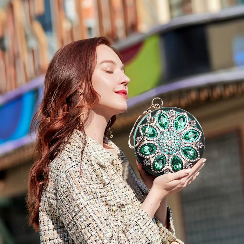 Chic Green Round Clutch Bag for Women - Exquisite Crystal Evening Purse & Chain Shoulder Handbag ZD1244