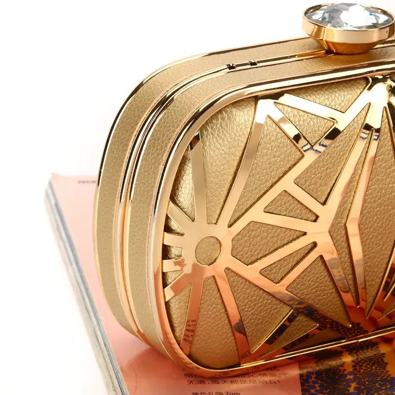 Elegant Gold Metal Hollow Design Clutch Bag - PU Leather Party Purse for Weddings and Banquets