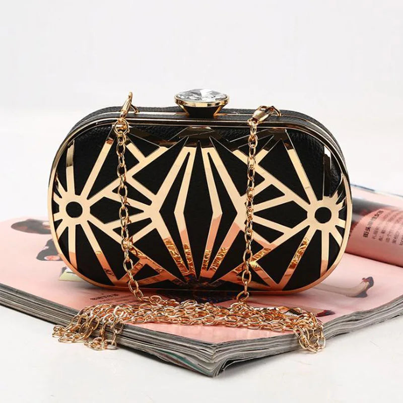 Elegant Gold Metal Hollow Design Clutch Bag - PU Leather Party Purse for Weddings and Banquets