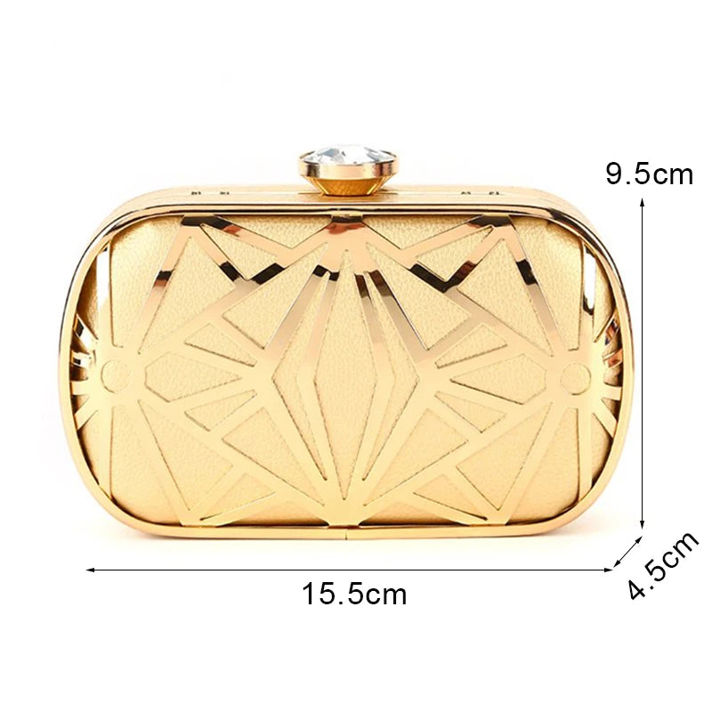 Elegant Gold Metal Hollow Design Clutch Bag - PU Leather Party Purse for Weddings and Banquets