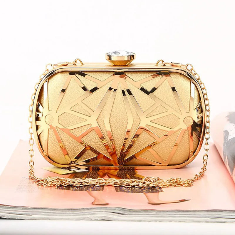 Elegant Gold Metal Hollow Design Clutch Bag - PU Leather Party Purse for Weddings and Banquets