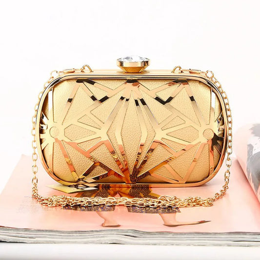 Elegant Gold Metal Hollow Design Clutch Bag - PU Leather Party Purse for Weddings and Banquets